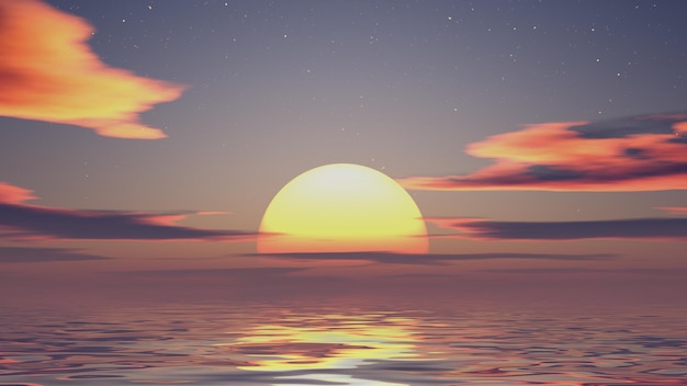 Zonsondergang in zee zon in golven van de oceaan Fantastische zonsondergang in de zomer op zee zon smelt in de golven Wolken in stralen van de zon worden weerspiegeld in het water 3d render