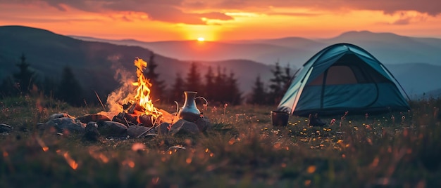 Foto zonsondergang kamperen berg wildernis met tent en vuur