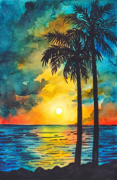 zonsondergang landschap aquarel schilderij achtergrond