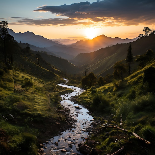 Zonsondergang landschap in berg bos Colombiaanse bergen zonsondergang documentaire foto