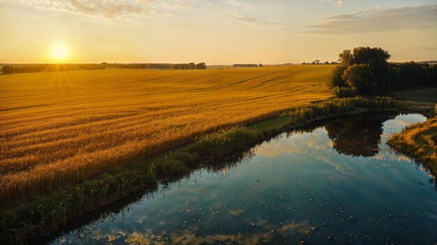 Zonsondergang luchtbeeld van riviervelden en grasland onder een kleurrijke hemel