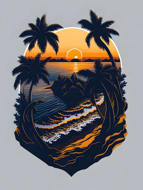 Zonsondergang met creatieve illustratie van bergen en palmbomen