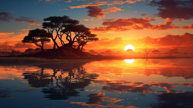 zonsondergang met een weerspiegeling van bomen in het water