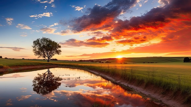 zonsondergang met een weerspiegeling van een boom in een plas