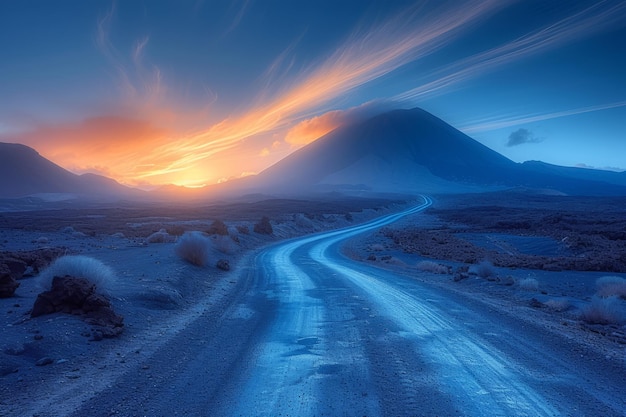 Zonsondergang met uitzicht op een bergweg