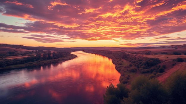 Zonsondergang of zonsopgang dageraad of schemering over de vreedzame rustige rivier oranje paarse hemel horizon wolken