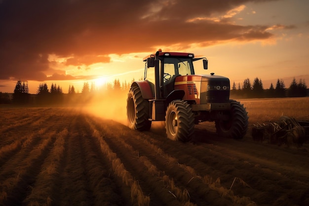 Zonsondergang Oogst Moderne Tractor op het Veld Gegenereerde Ai