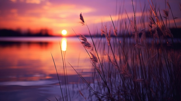 zonsondergang op een meer met riet op de voorgrond