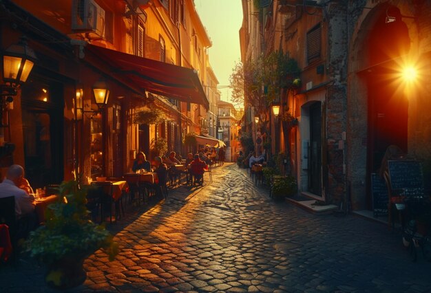 Foto zonsondergang op een schilderachtige italiaanse straat die de schoonheid van italië vasthoudt