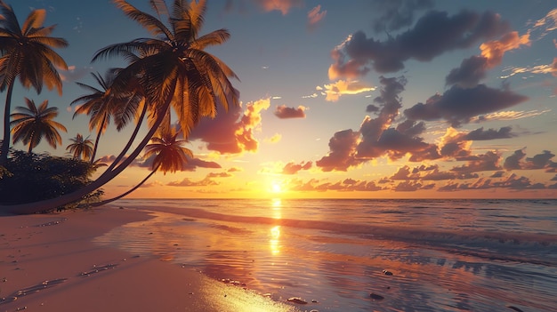 Foto zonsondergang op een strand met een palmboom
