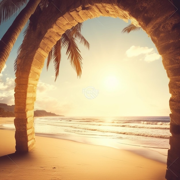 Zonsondergang op een tropisch strand met palmbomen