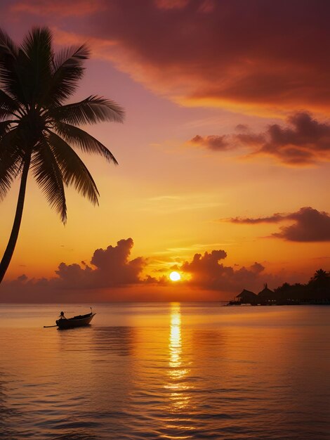 Zonsondergang op het eiland Malediven prachtige zonsondergang hemel en wolken luxe watervilla's en houten pad