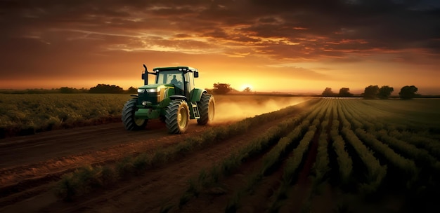 Zonsondergang op het platteland Tractor op een groot veld dat bedden creëert om zaden in gezuiverde bodem te zaaien Het landbouwvoertuig Generative Ai