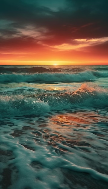 Zonsondergang op het strand met daarachter de ondergaande zon