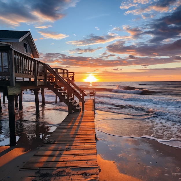 Zonsondergang op het strand met een houten steiger die naar de oceaan leidt