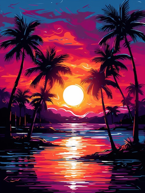 Zonsondergang op het strand met palmbomen en een boot generatieve ai