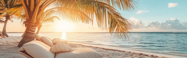 Zonsondergang op het strand met palmbomen en zonnebanken Banner