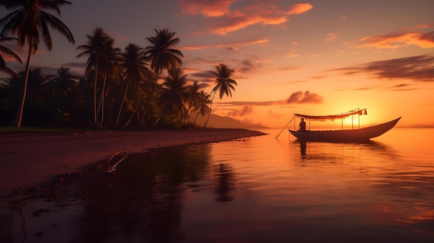 Zonsondergang op het strand met uitzicht op de boot