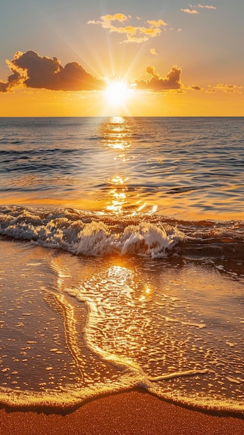 zonsondergang op het strand met zand en gouden reflectie op golven glanzende zon achtergrond
