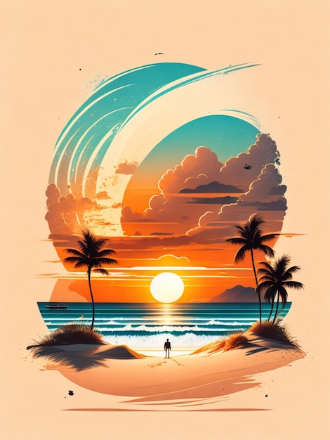 Zonsondergang op het strand wit zand epische compositie t-shirt ontwerp rzminjourney vector kunstwerk