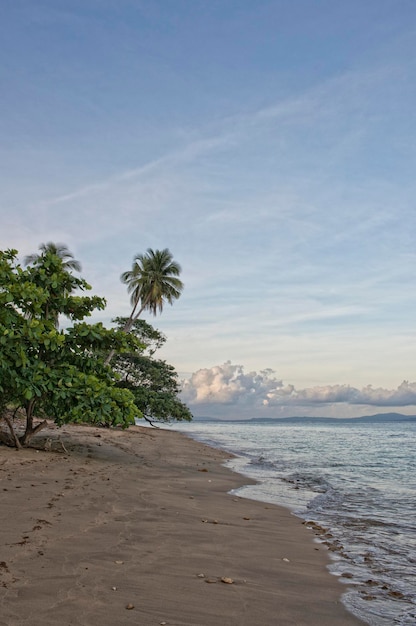 Zonsondergang op het turquoise tropische strand van het paradijselijke eiland