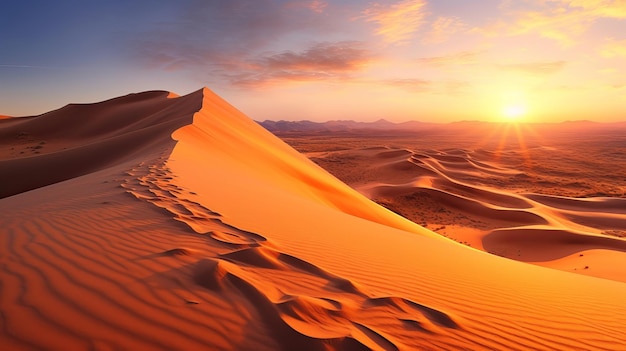 Zonsondergang op zandstijging in de Sahara start Creatieve bron AI gegenereerd