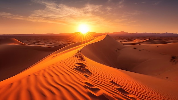 Zonsondergang op zandstijging in de Sahara start Creatieve hulpbron AI Gegenereerd