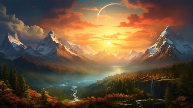 zonsondergang over bergketen schoonheid in de natuur