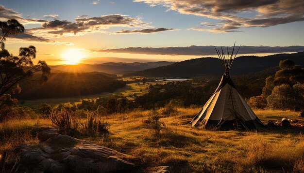 Foto zonsondergang over de berg kamperen in de natuur rustige schoonheid gegenereerd door ai