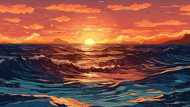 Zonsondergang over de oceaan Fantasie concept Illustratie schilderij