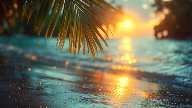 Zonsondergang over de oceaan Gouden licht door palmbladeren op een tropisch strand