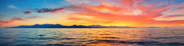 Foto zonsondergang over de oceaan met bergen en bomen