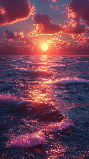 zonsondergang over de oceaan met golven en wolken generatieve ai