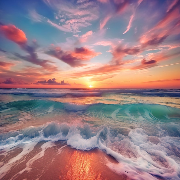 Zonsondergang over de oceaan met golven op het strand generatieve ai