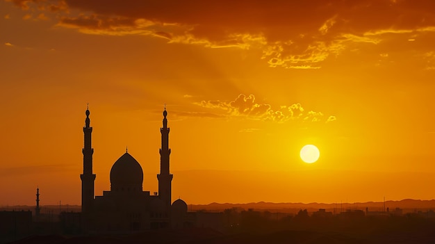 Foto zonsondergang over de woestijn met een moslimmoskee op de voorgrond