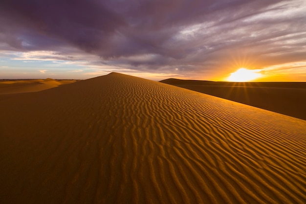 Zonsondergang over de zandduinen in de woestijn Dorre landschap van de Saharawoestijn