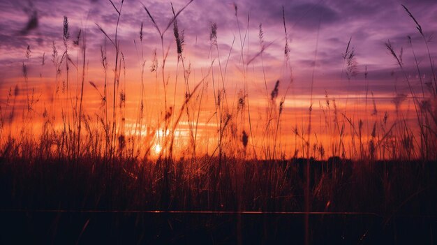 Foto zonsondergang over een grasveld