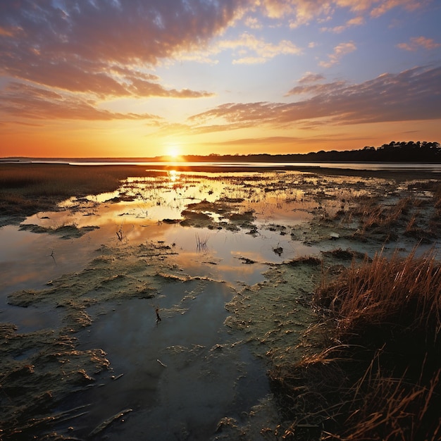 Zonsondergang over een kustmoeras