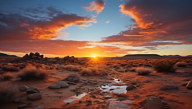 Zonsondergang over een majestueuze bergketen een rustige scène in de natuur gegenereerd door AI