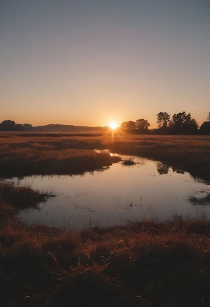 zonsondergang over een moeras met een vijver en een eend op de voorgrond