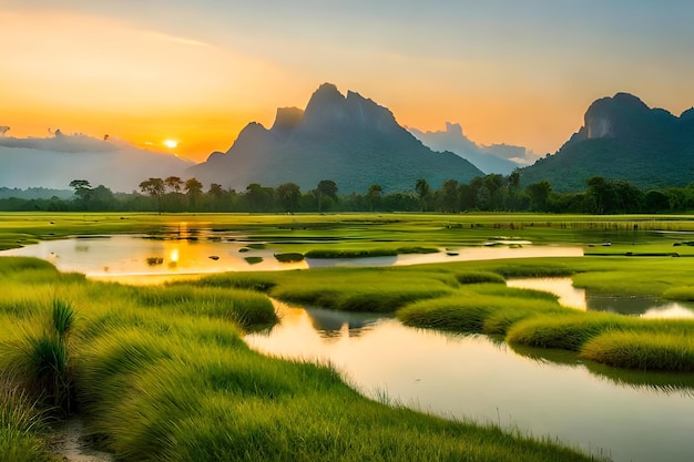 Zonsondergang over een rivier met bergen op de achtergrond