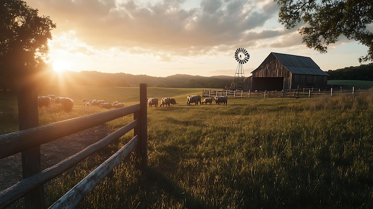 Foto zonsondergang over een schuur en paarden in een groene weide