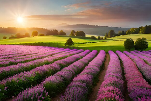 zonsondergang over een veld van bloemen