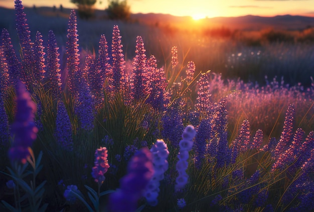 Zonsondergang over een violet lavendelveld Generatieve AI