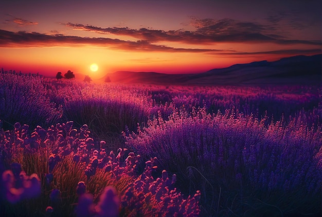 Zonsondergang over een violet lavendelveld Generatieve AI