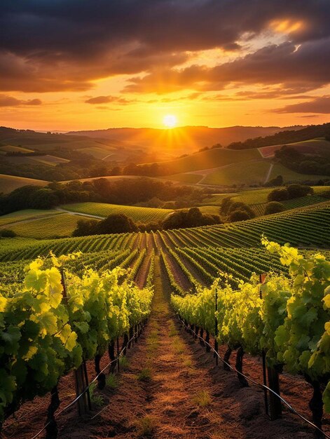 zonsondergang over een wijngaard met een zonsondergang