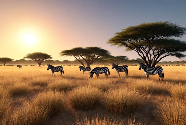Zonsondergang over een wilde zebra kudde in de wildernis van de savanne Rustige scène van zebra's die grazen in gouden licht