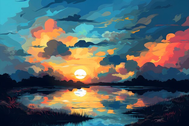 Zonsondergang over het meer schilderend door asp arts