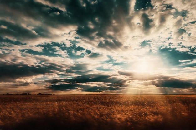 Foto zonsondergang over het veld met illustratie van zonnestralen