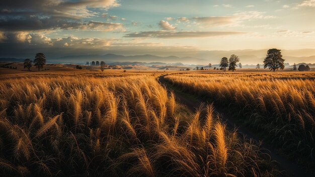 Foto zonsondergang over het veld